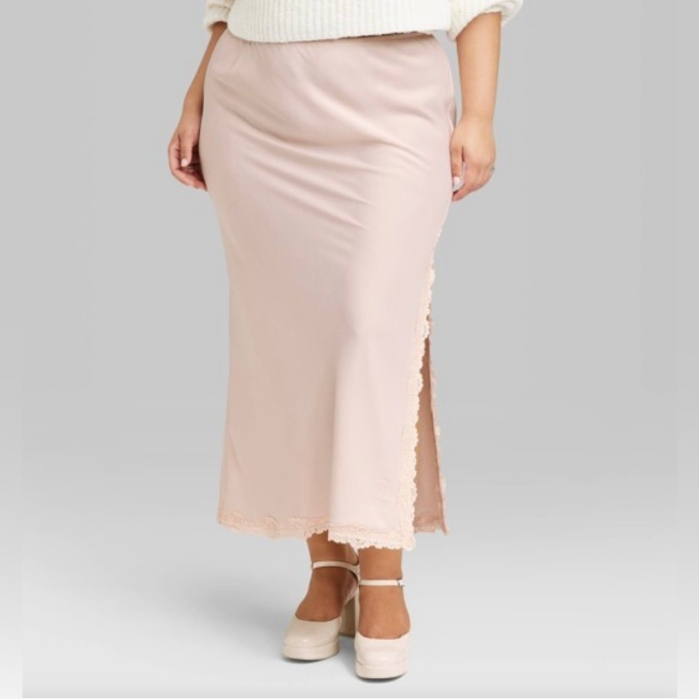 wild fable Satin Lace Trim Midi Skirt